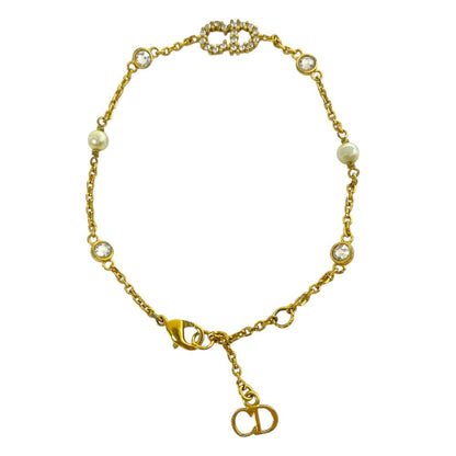 Dior Clair D Lune Bracelet CD Logo Line Stone Faux Pearl Metal Gold Classic
