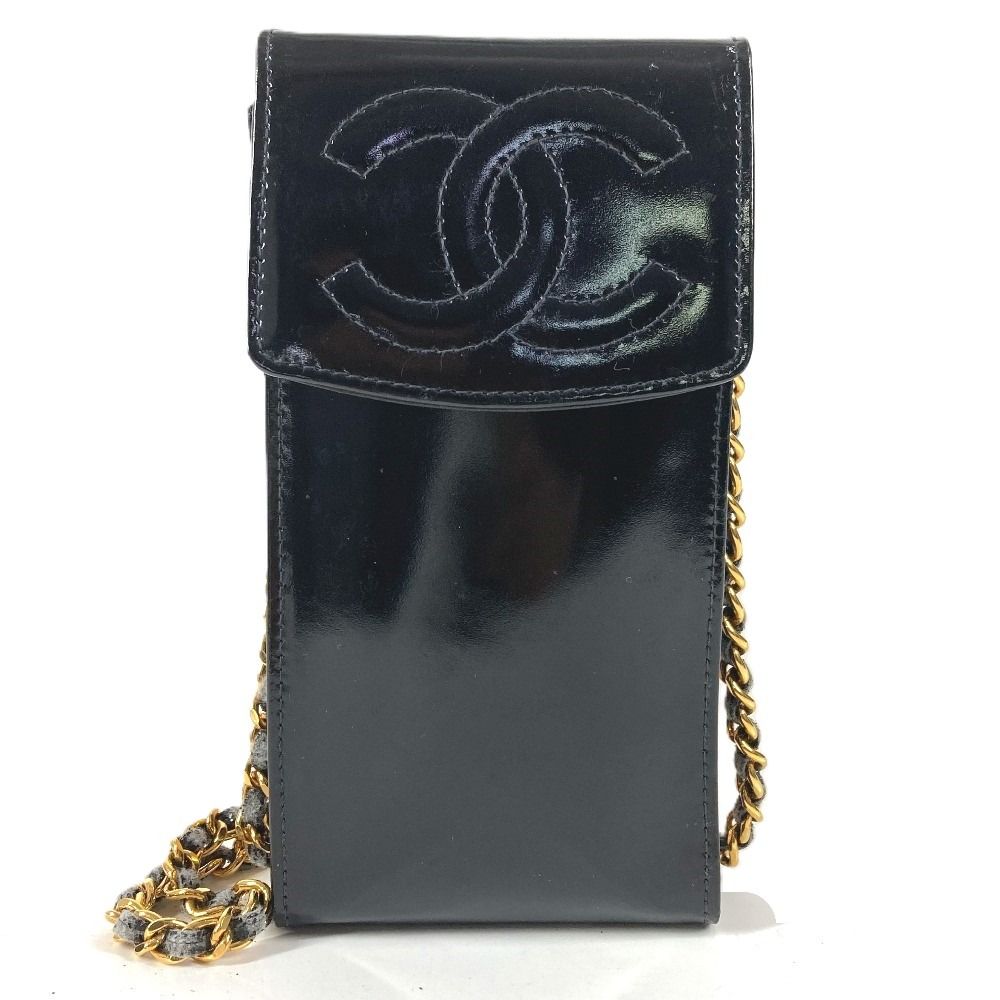 Chanel Shoulder Bag CC Logo Mobile Pouch Enamel Black