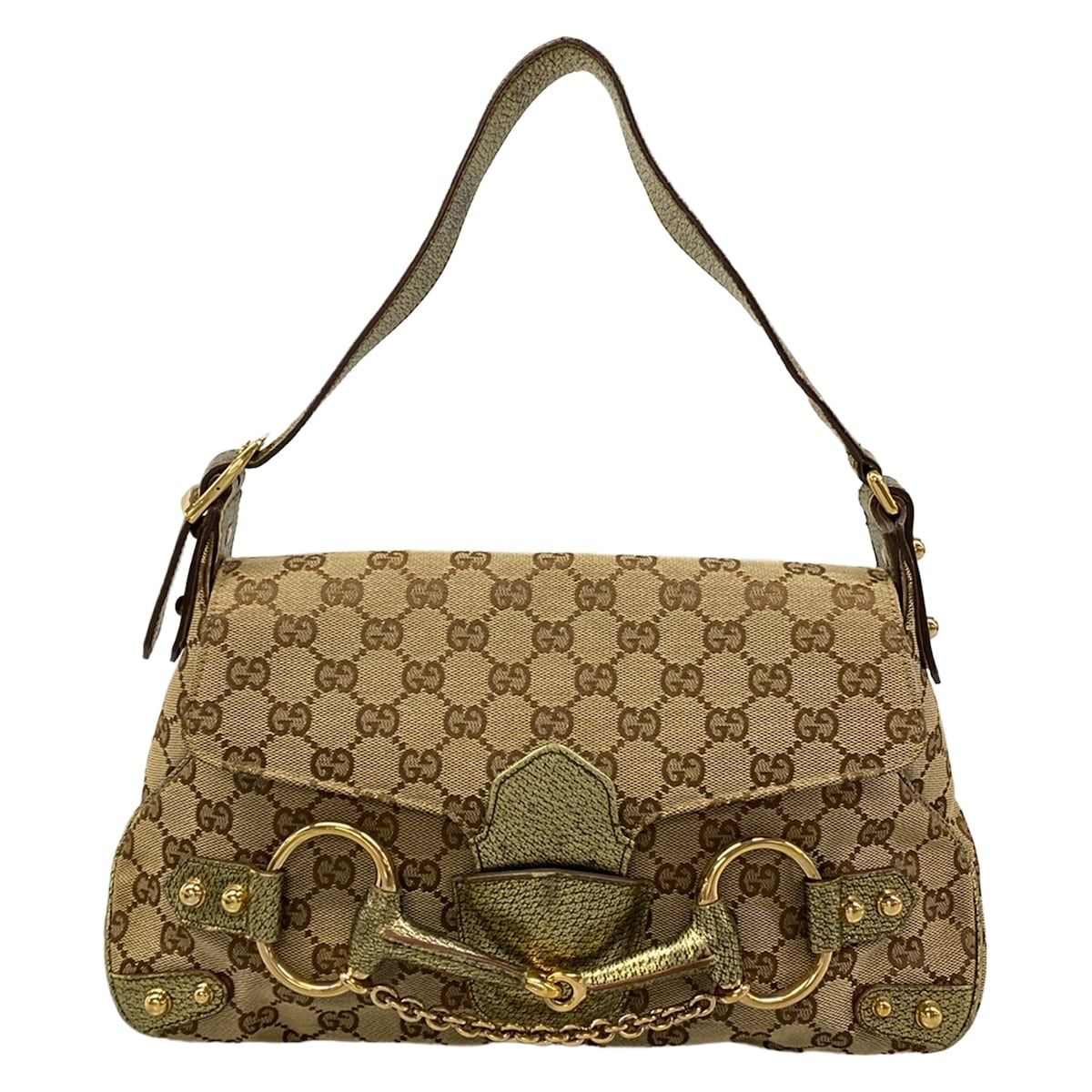 Gucci Handbag GG Pattern Horsebit Dark Brown Beige Gold Leather