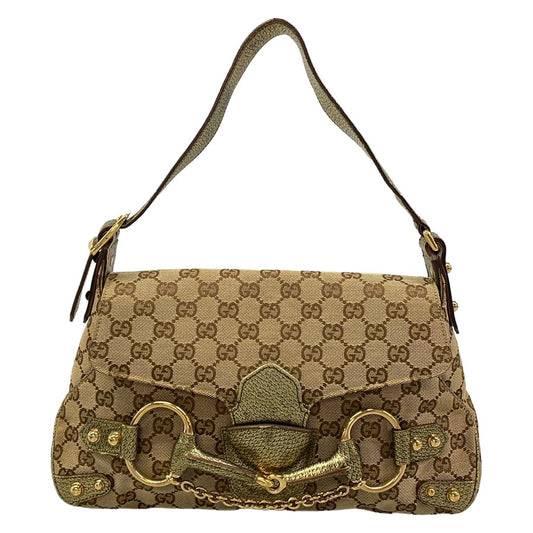 Gucci Handbag GG Pattern Horsebit Dark Brown Beige Gold Leather