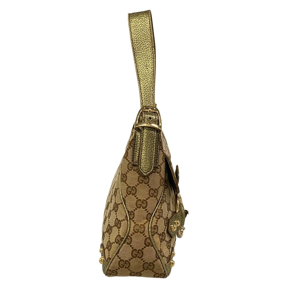 Gucci Handbag GG Pattern Horsebit Dark Brown Beige Gold Leather — view 2