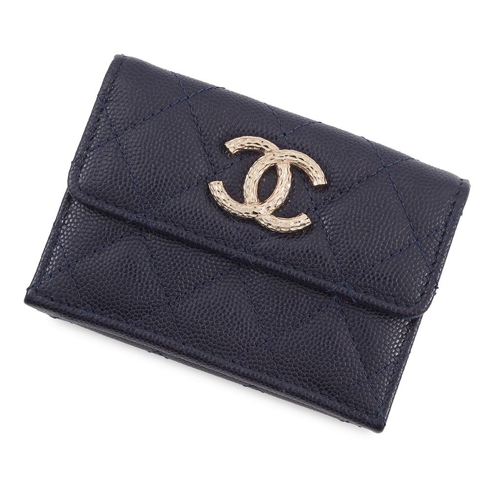 Chanel Trifold Wallet Quilted CC Logo Small Flap Caviar Leather