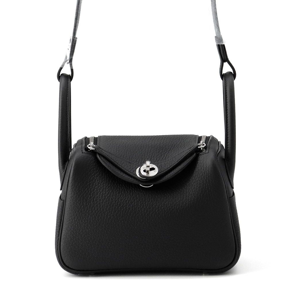 Hermes Lindy Mini Black Silver Taurillon Clemence 2-Way Handbag