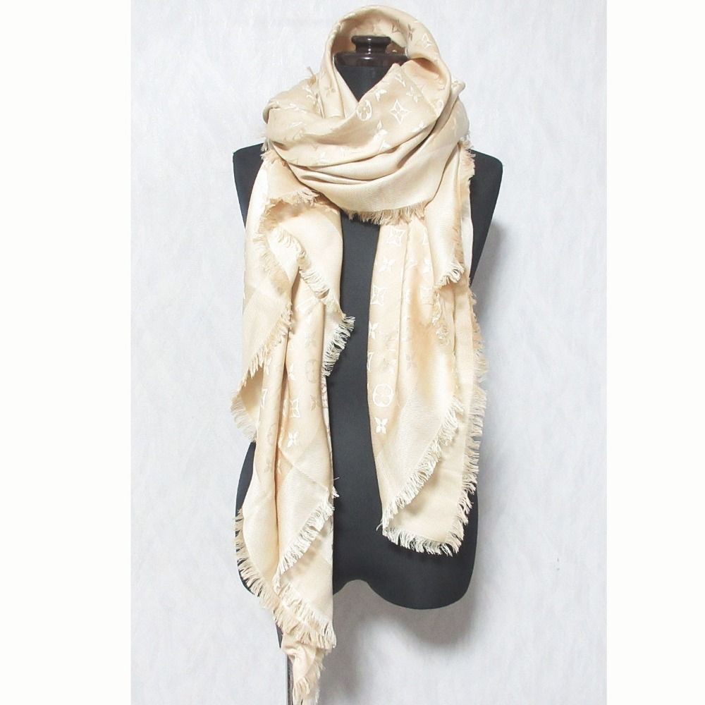 Louis Vuitton Shiny Monogram Silk Wool Shawl Gold Beige Scarf