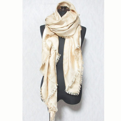 Louis Vuitton Shiny Monogram Silk Wool Shawl Gold Beige Scarf