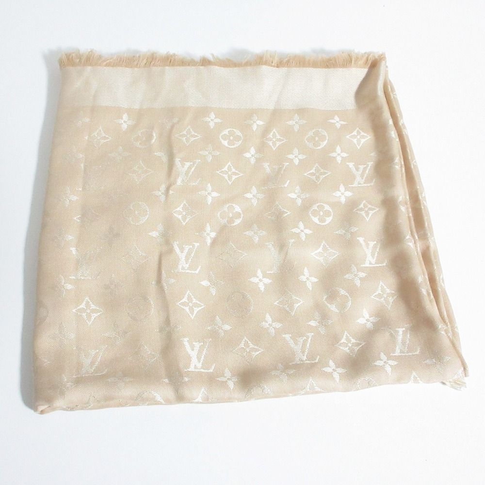 Louis Vuitton Shiny Monogram Silk Wool Shawl Gold Beige Scarf — view 2