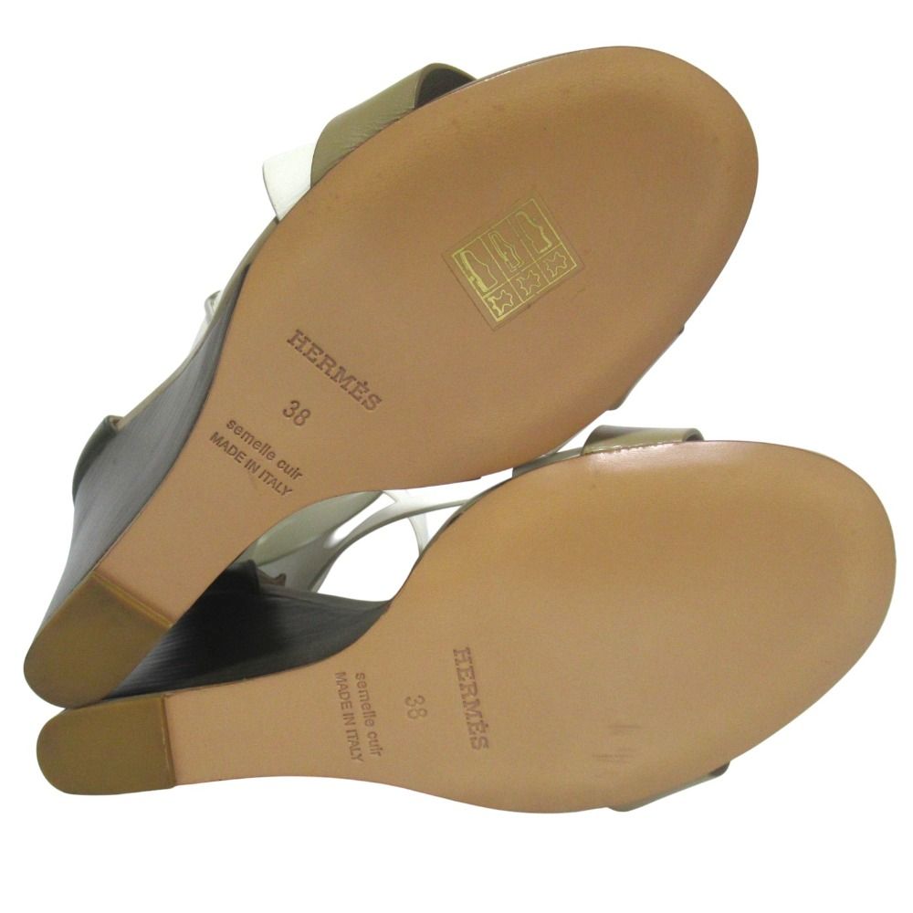 Hermes Ankle Strap Wedge Sole Leather Sandals 38 Beige White — view 8
