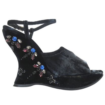 Prada Praad Bijou Decoration Velvet Ankle Strap Wedge Sole Sandals — view 3