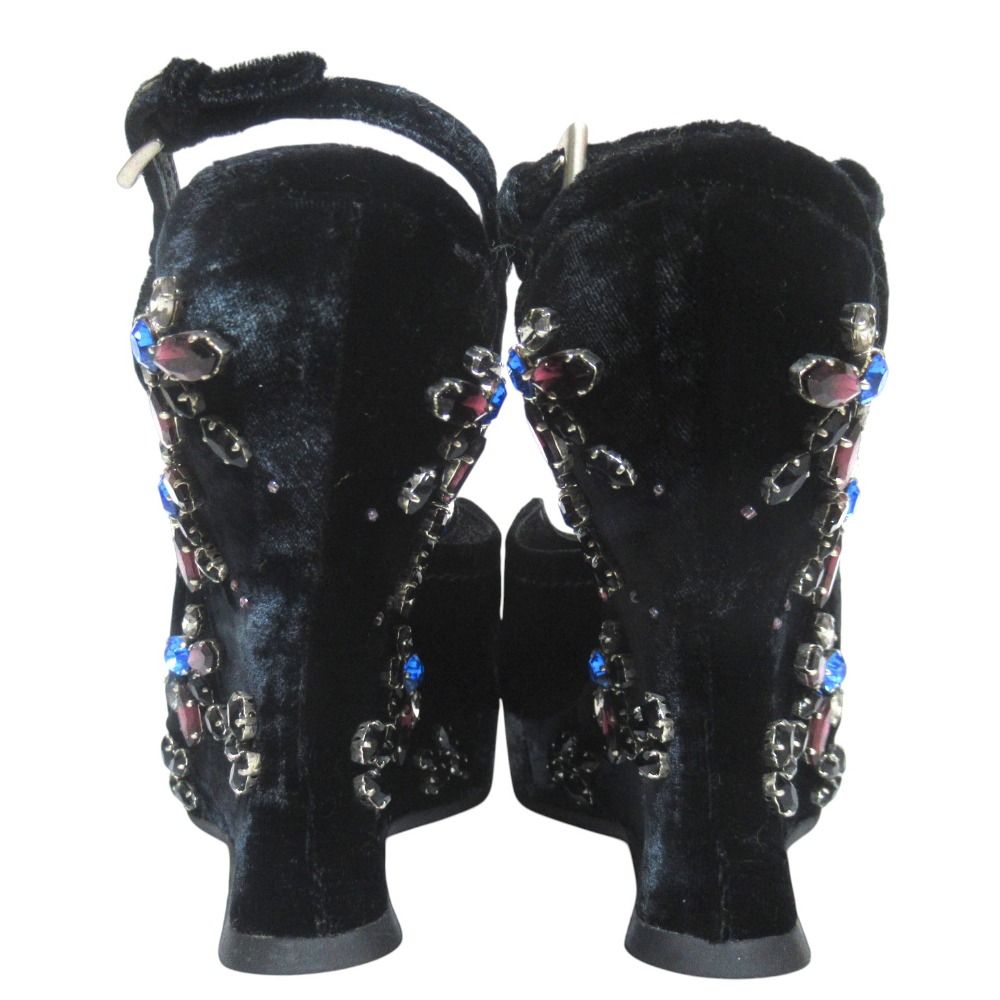 Prada Praad Bijou Decoration Velvet Ankle Strap Wedge Sole Sandals — view 4