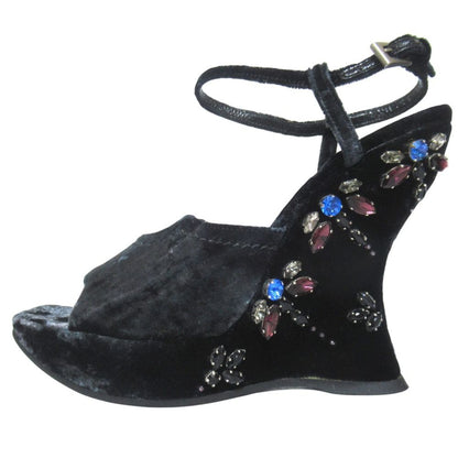 Prada Praad Bijou Decoration Velvet Ankle Strap Wedge Sole Sandals — view 2