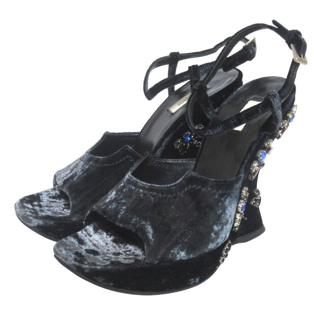 Prada Praad Bijou Decoration Velvet Ankle Strap Wedge Sole Sandals
