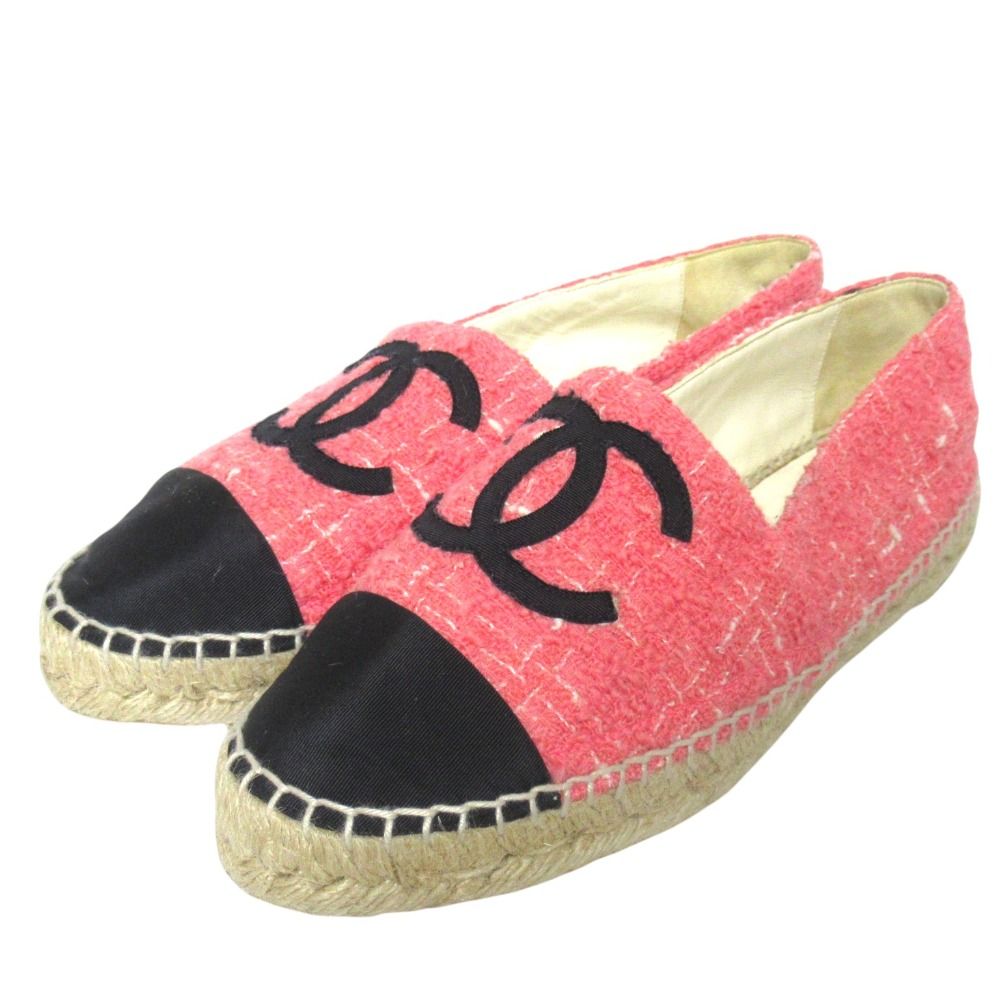 Chanel CC Logo Tweed Espadrilles Shoes Pink Black