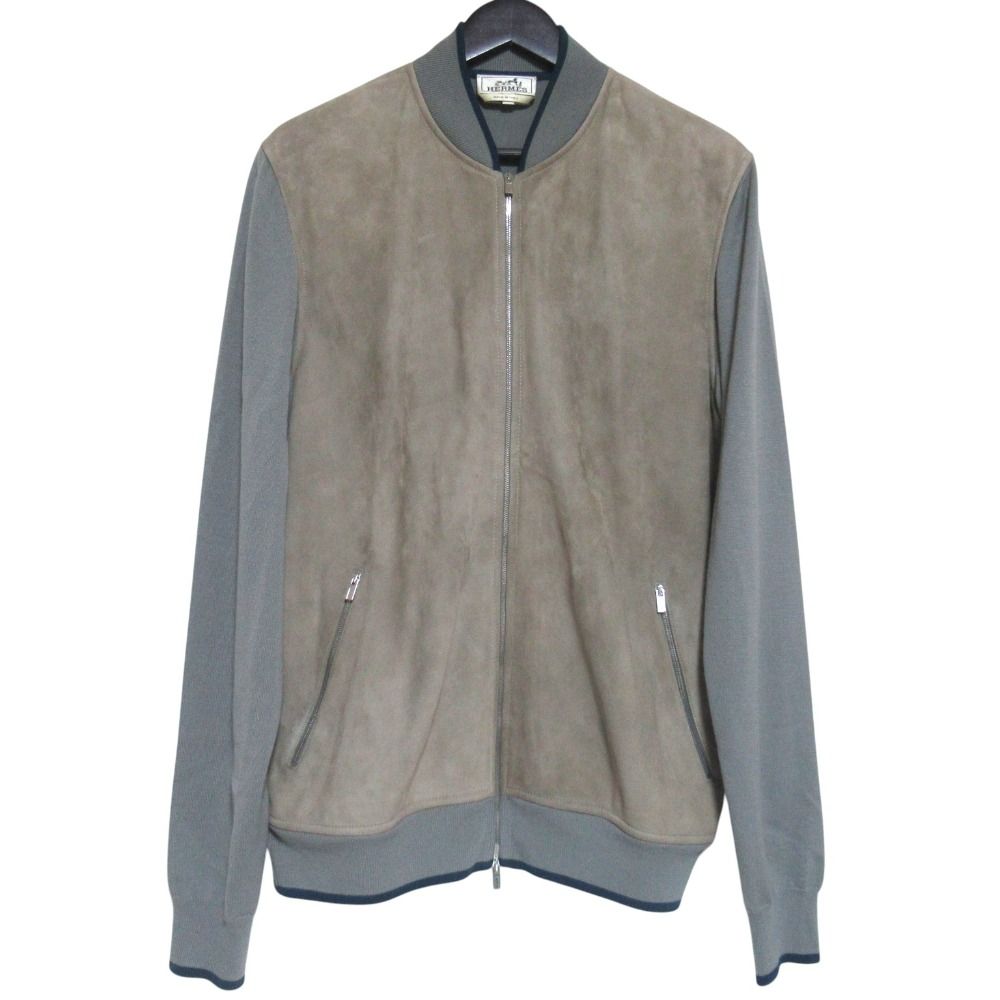 Hermes Knit Switch Suede Leather Zip Up Jacket XL Beige Gray