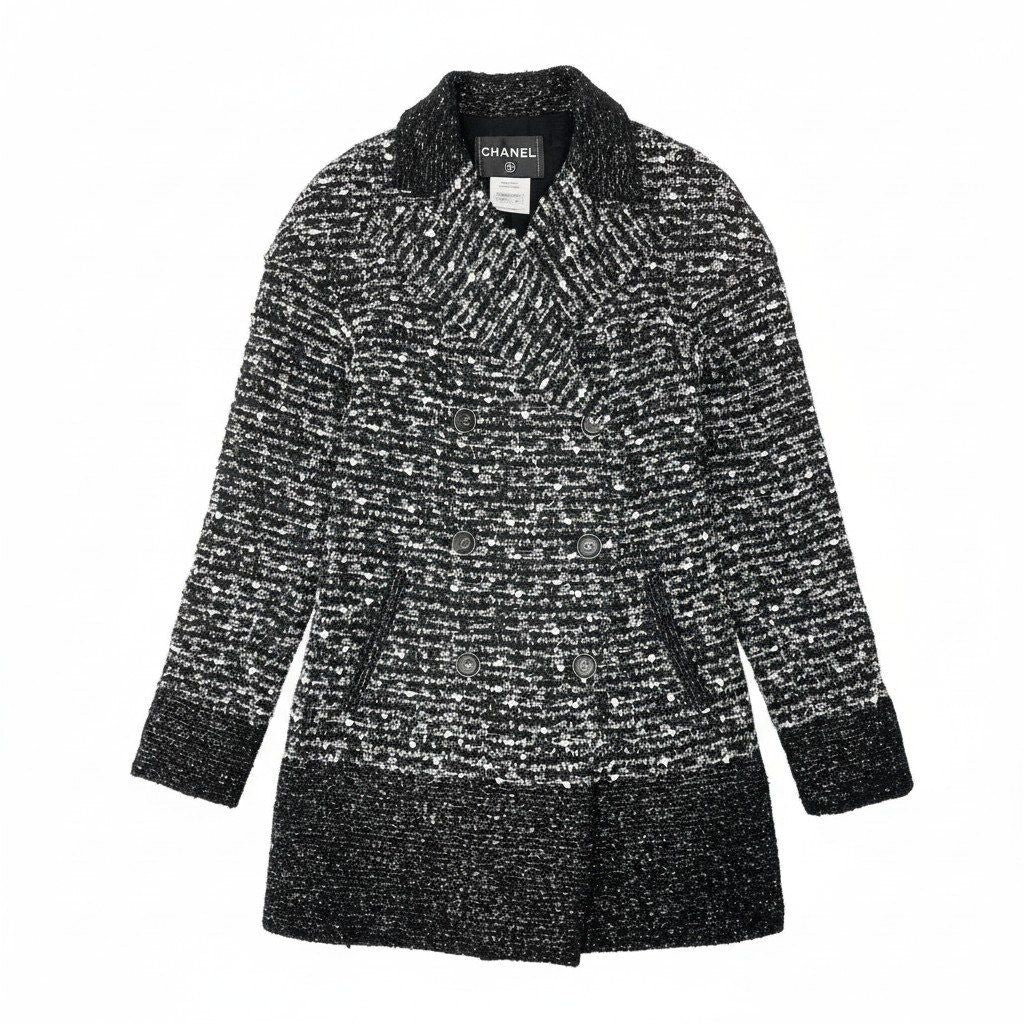 Chanel Tweed Coat Jacket Coco Button Double Breasted 38 Gray