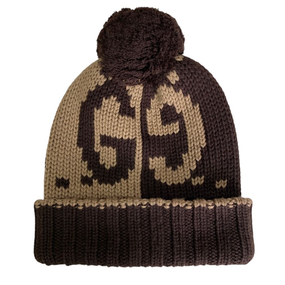 Gucci GG Pattern Pom Knit Cap Brown Beige Hat