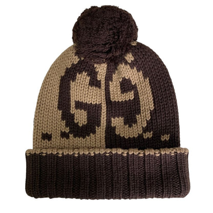 Gucci GG Pattern Pom Knit Cap Brown Beige Hat