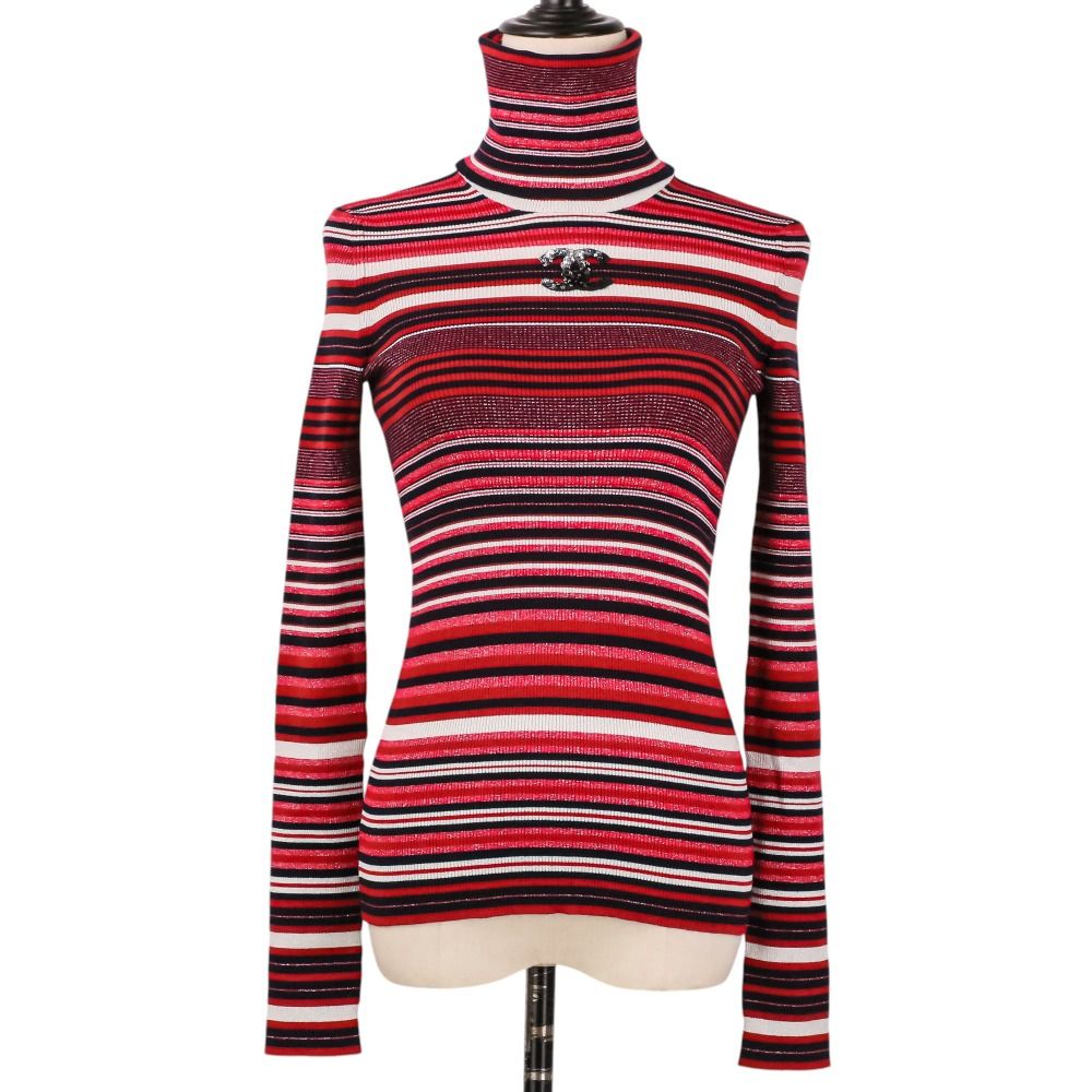 Chanel Sequin CC Logo Turtleneck Border Knit Sweater 36 Red — view 2