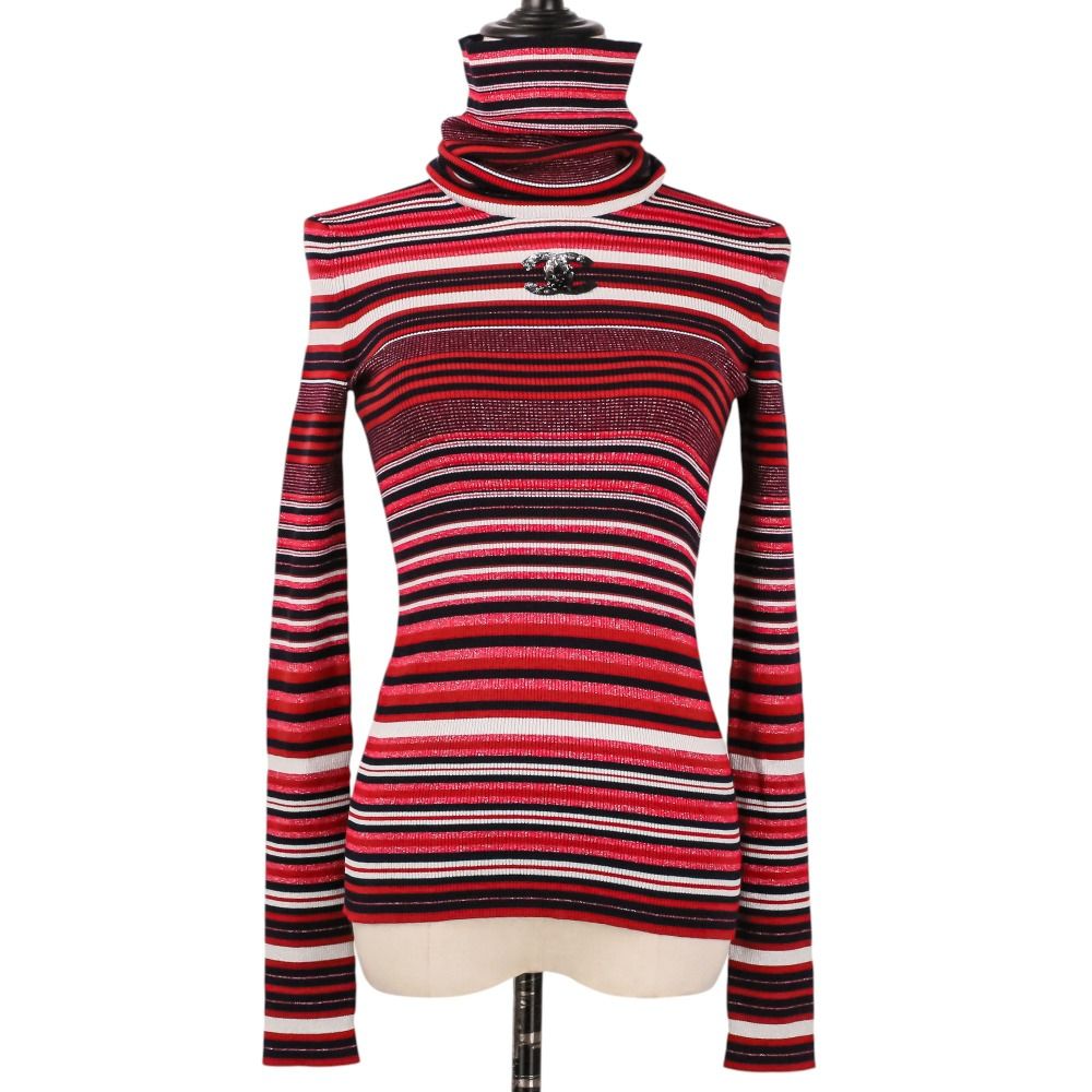 Chanel Sequin CC Logo Turtleneck Border Knit Sweater 36 Red