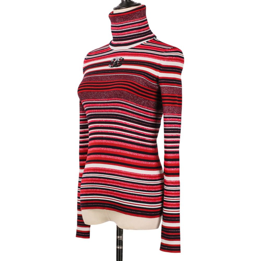Chanel Sequin CC Logo Turtleneck Border Knit Sweater 36 Red — view 3