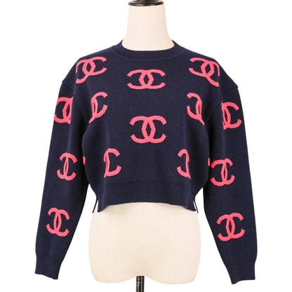 Chanel CC Logo Cashmere Blend Cropped Knit Sweater 34 Navy Pink