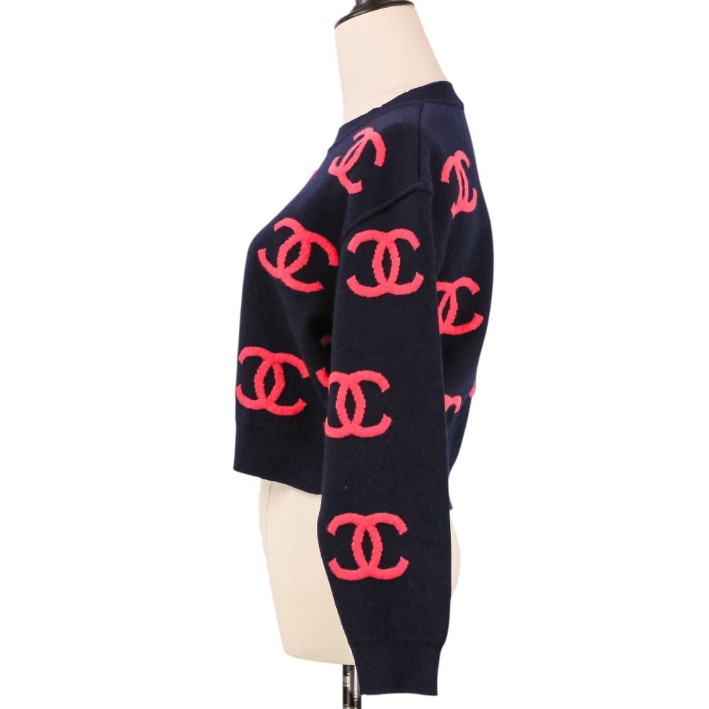 Chanel CC Logo Cashmere Blend Cropped Knit Sweater 34 Navy Pink — view 3