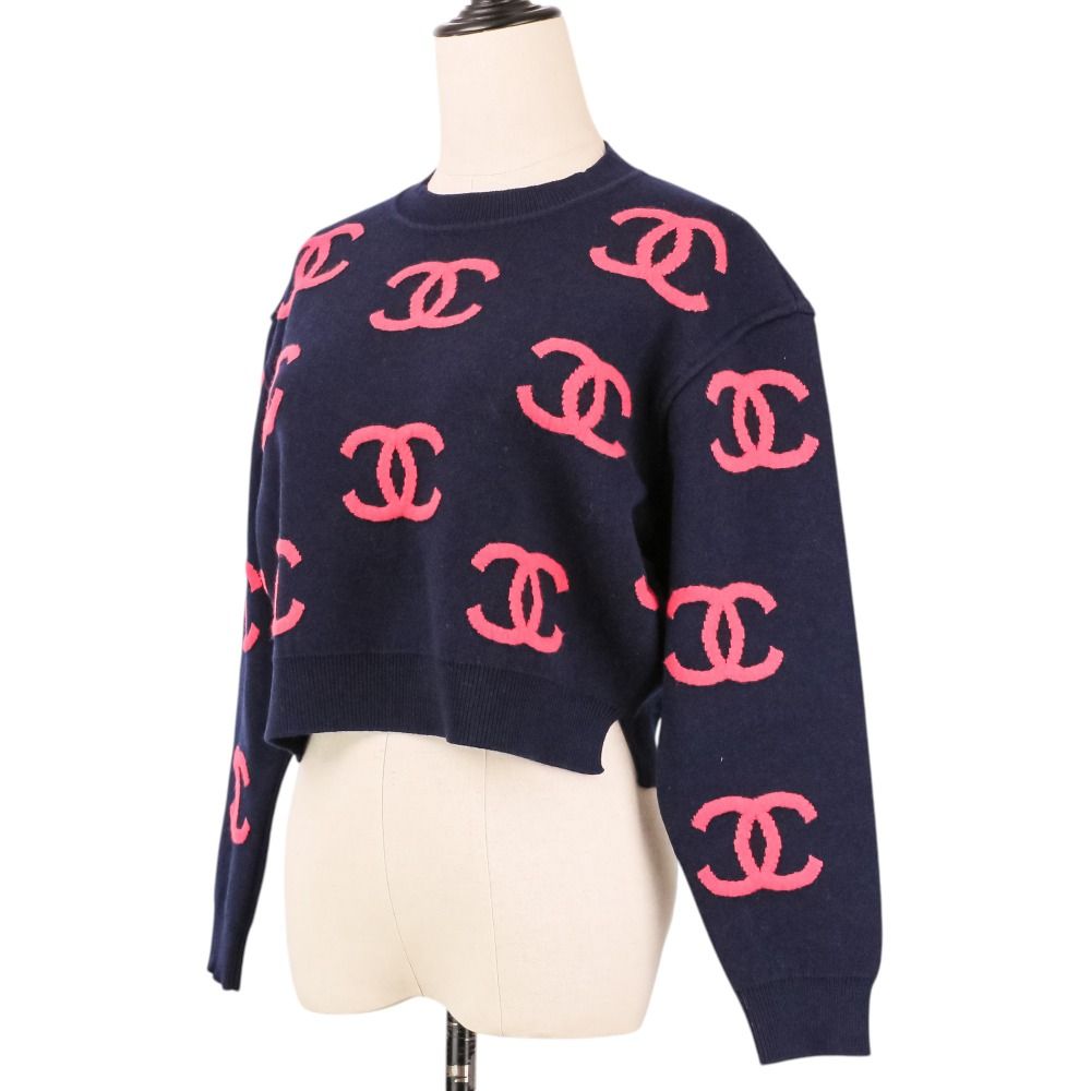 Chanel CC Logo Cashmere Blend Cropped Knit Sweater 34 Navy Pink — view 2