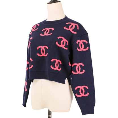 Chanel CC Logo Cashmere Blend Cropped Knit Sweater 34 Navy Pink — view 2