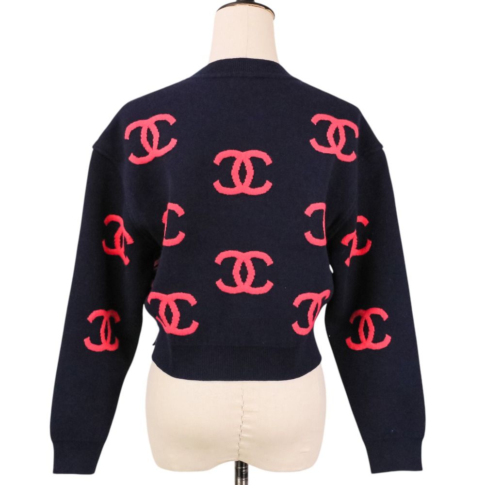 Chanel CC Logo Cashmere Blend Cropped Knit Sweater 34 Navy Pink — view 4