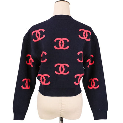 Chanel CC Logo Cashmere Blend Cropped Knit Sweater 34 Navy Pink — view 4