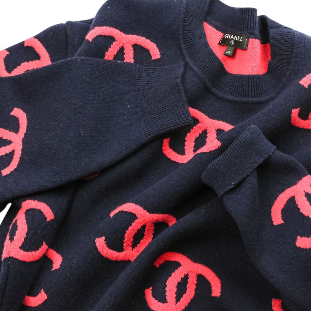 Chanel CC Logo Cashmere Blend Cropped Knit Sweater 34 Navy Pink — view 7