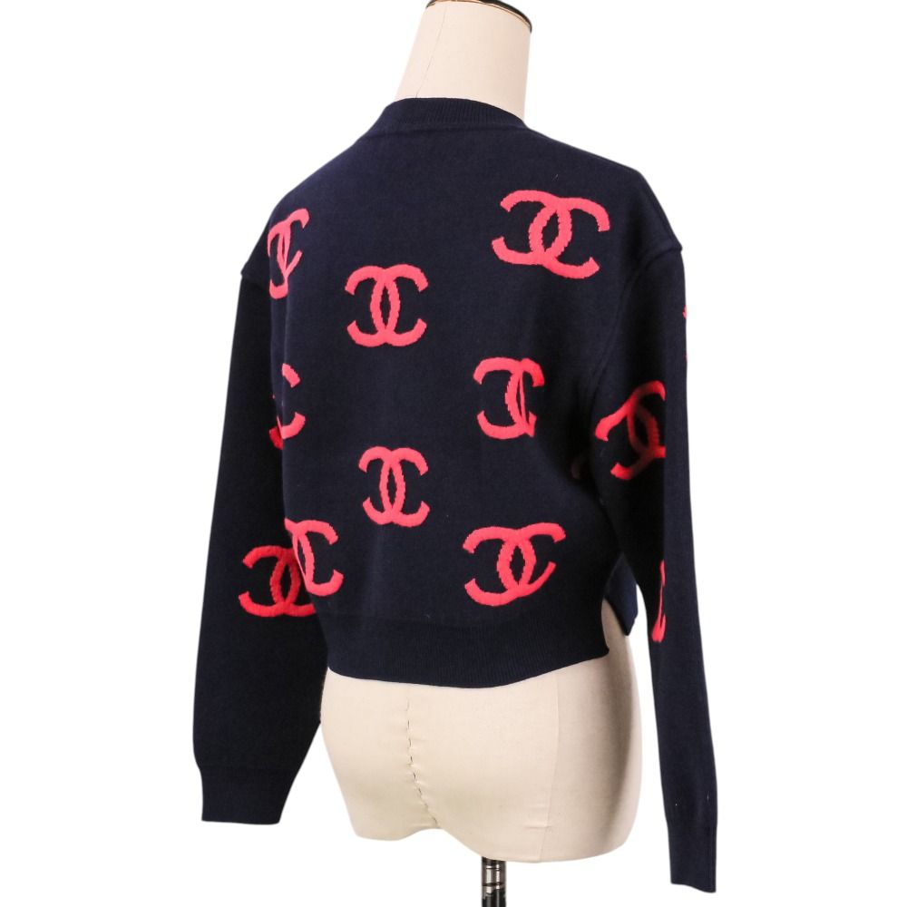 Chanel CC Logo Cashmere Blend Cropped Knit Sweater 34 Navy Pink — view 5