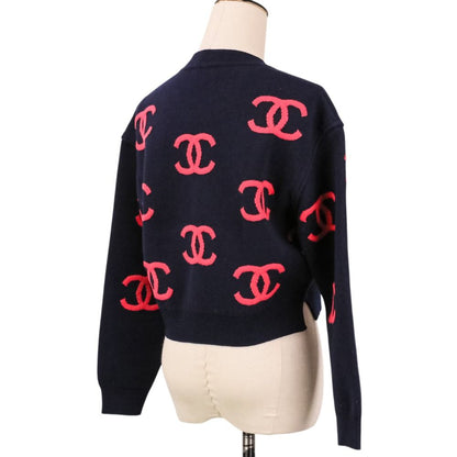 Chanel CC Logo Cashmere Blend Cropped Knit Sweater 34 Navy Pink — view 5