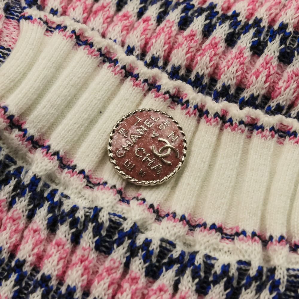 Chanel CC Logo Knit Half Sleeve Knee Length Dress 36 Pink Navy — view 7