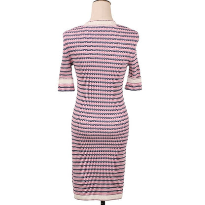 Chanel CC Logo Knit Half Sleeve Knee Length Dress 36 Pink Navy — view 4