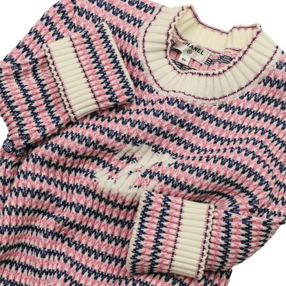 Chanel CC Logo Knit Half Sleeve Knee Length Dress 36 Pink Navy — view 6