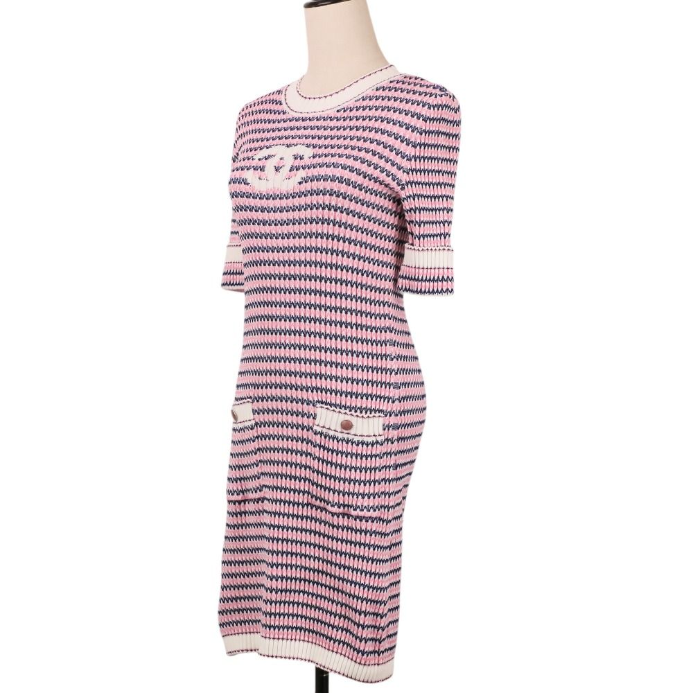 Chanel CC Logo Knit Half Sleeve Knee Length Dress 36 Pink Navy — view 2
