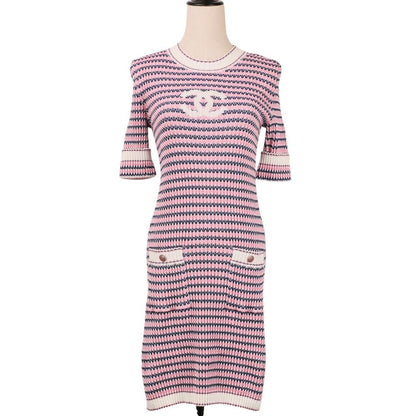 Chanel CC Logo Knit Half Sleeve Knee Length Dress 36 Pink Navy