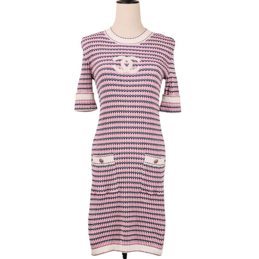 Chanel CC Logo Knit Half Sleeve Knee Length Dress 36 Pink Navy