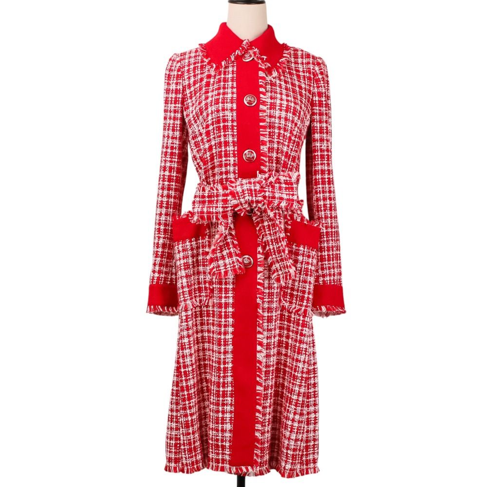 Dolce & Gabbana Crown Button Tweed Belted Coat 36 Red White