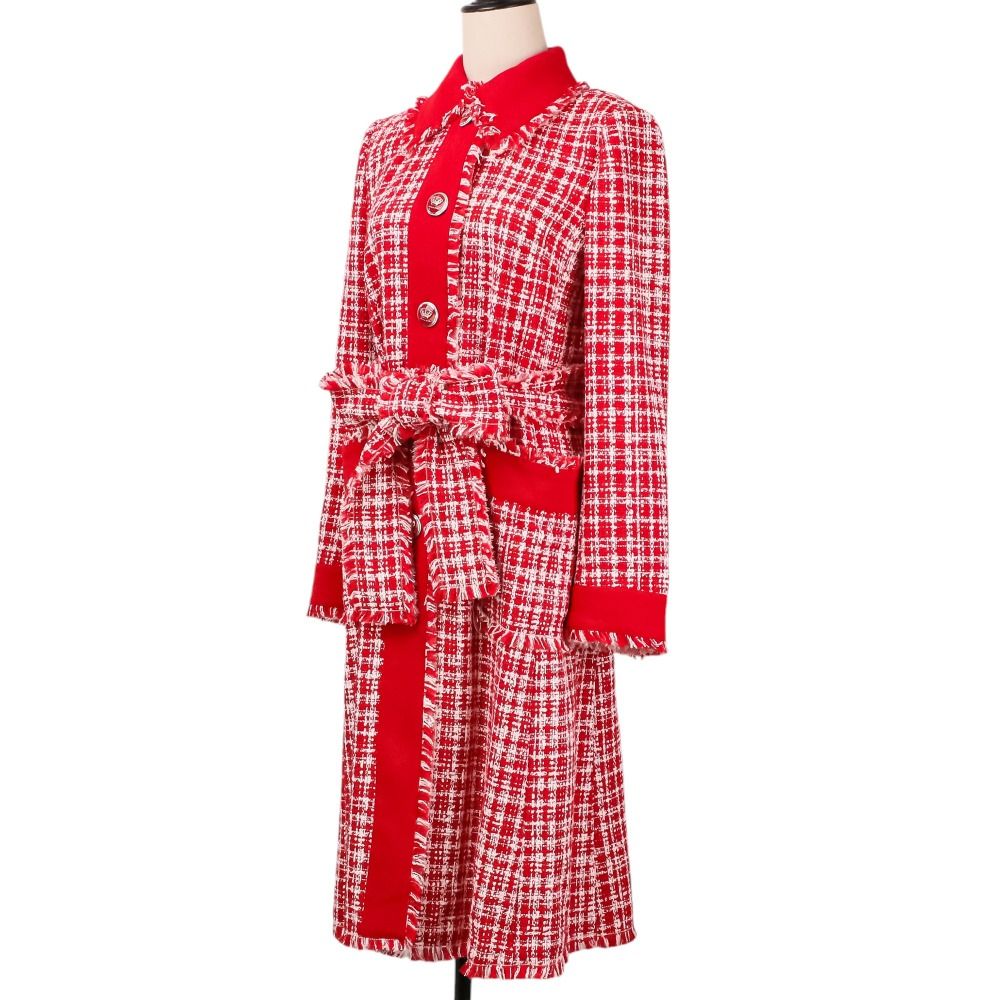 Dolce & Gabbana Crown Button Tweed Belted Coat 36 Red White — view 2