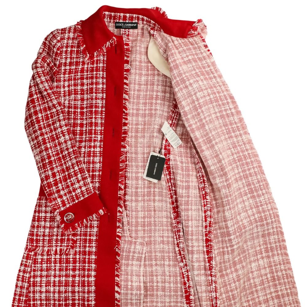 Dolce & Gabbana Crown Button Tweed Belted Coat 36 Red White — view 6