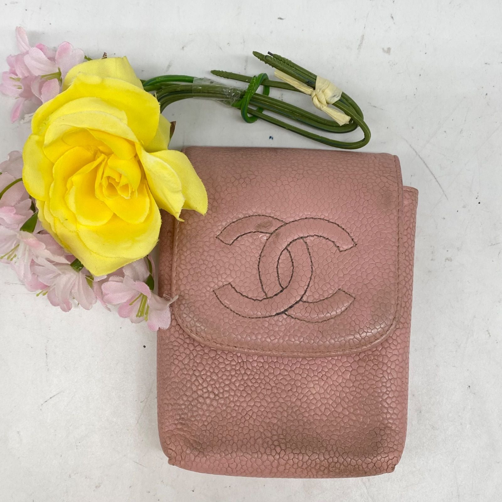 Chanel Cigarette Case CC Logo Caviar Leather Pouch Pink