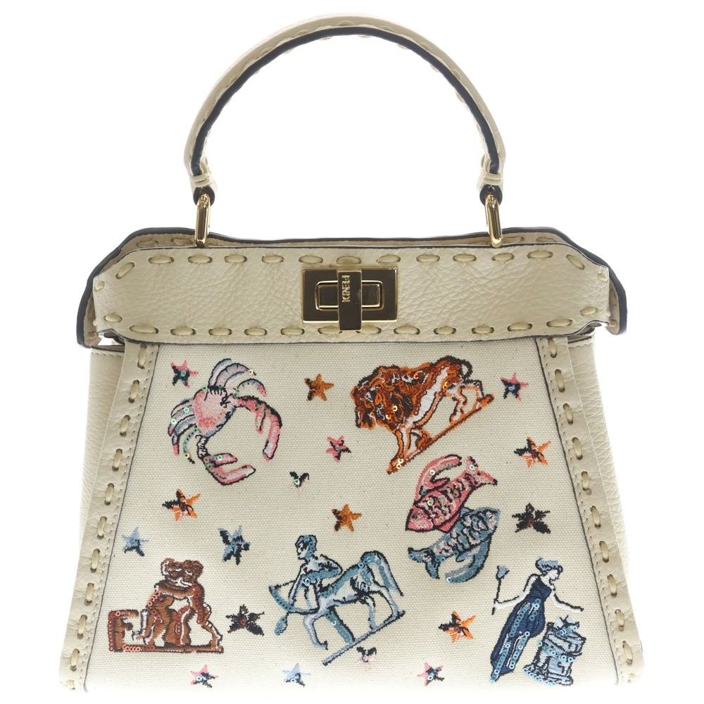 Fendi Peekaboo Astrology Shoulder Bag White Ivory Leather Canvas Gold — view 2