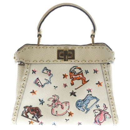 Fendi Peekaboo Astrology Shoulder Bag White Ivory Leather Canvas Gold