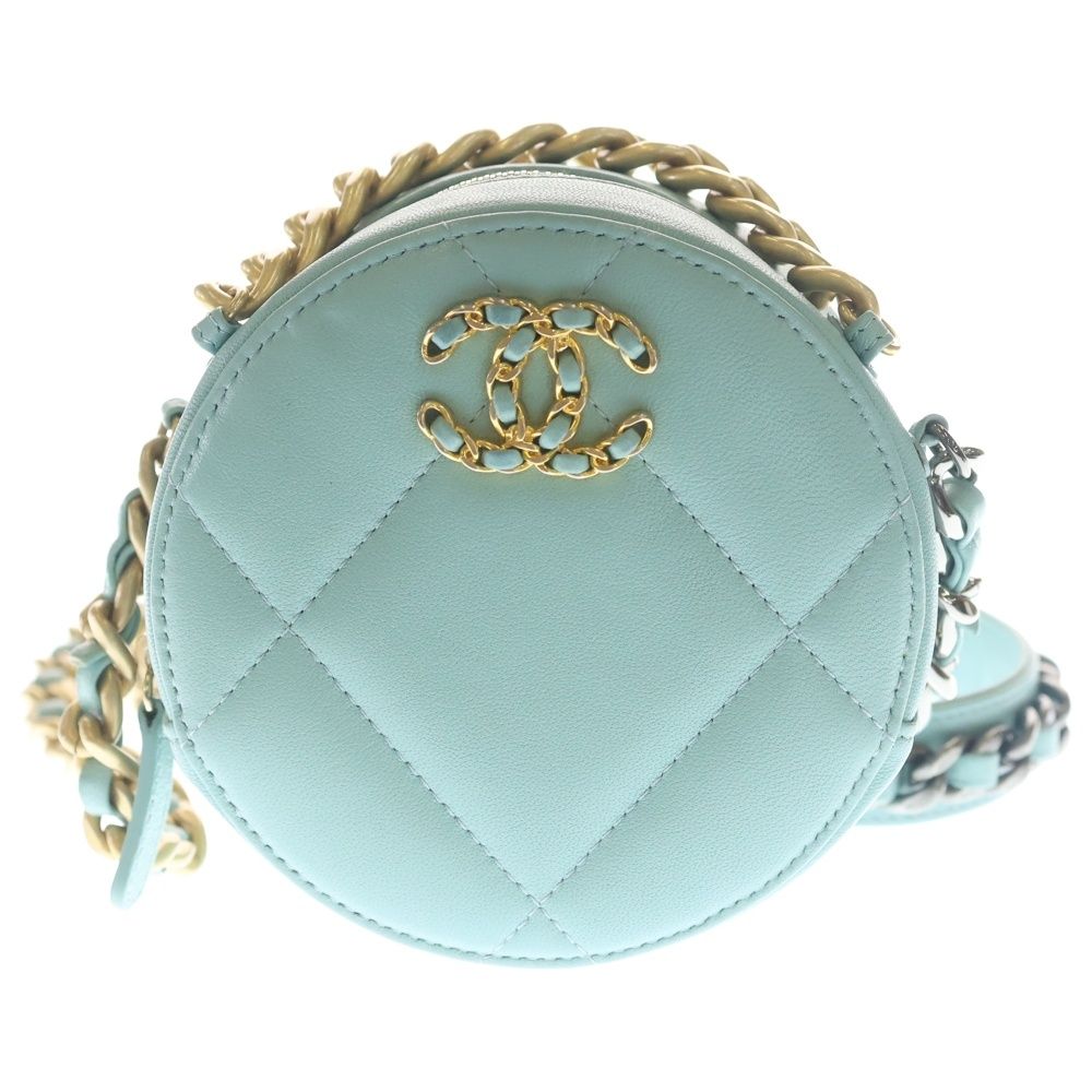 Chanel 19 Round Mini Shoulder Bag Chain Mint Green Lambskin Gold