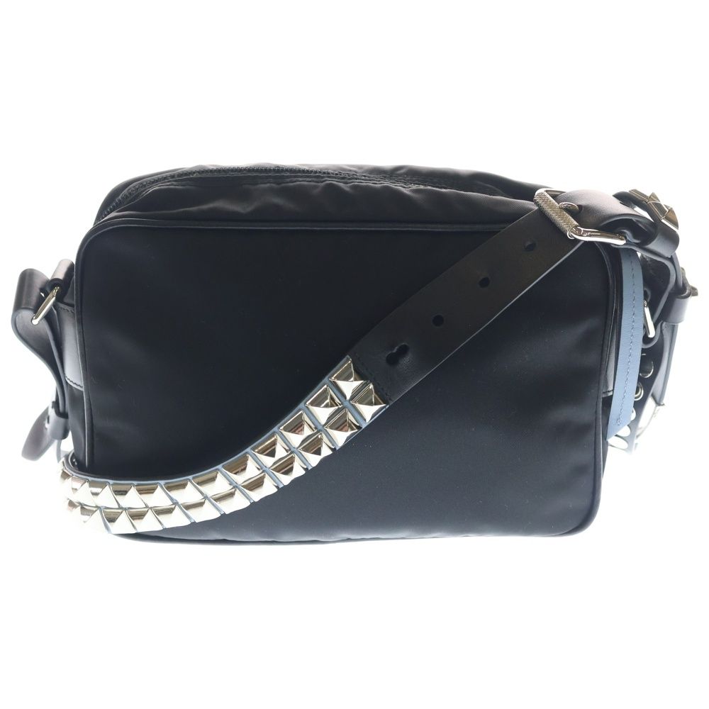 Prada Shoulder Bag Tessuto Studs Black Light Blue Nylon Silver — view 2