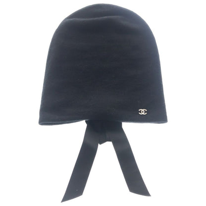 Chanel CC Logo Ribbon Cashmere Beanie Hat Knit Cap Black Gold