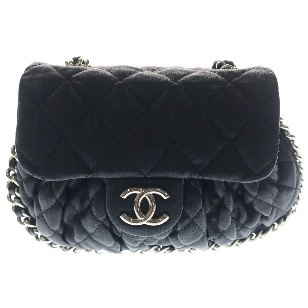 Chanel Luxury Line Quilted Chain Around Mini Shoulder Bag Black Lambskin Silver