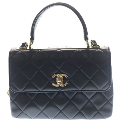 Chanel Top Handle Mini Flap Chain Shoulder Bag Black Lambskin Plate Gold