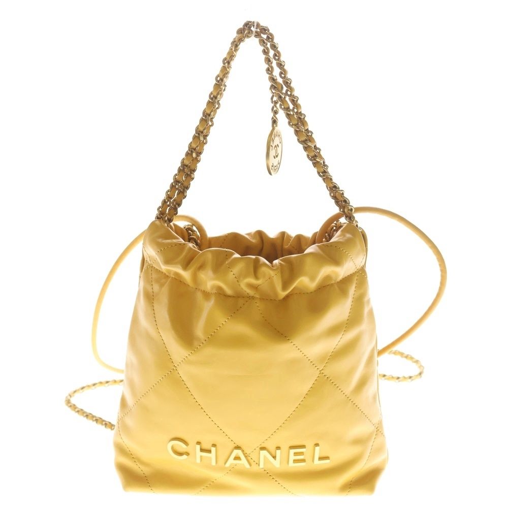 Chanel 22 Mini Yellow Chain Mini Shoulder Bag Calfskin Plate Gold